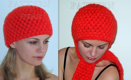 PDF crochet pattern Little Red Hat with scarf-ears 2 in 1 by PatternHome.