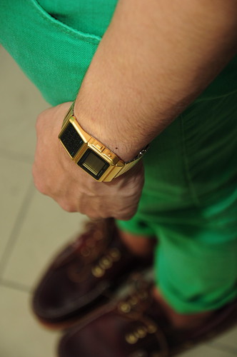 Red Gold and Green red shoes green pants gold watch