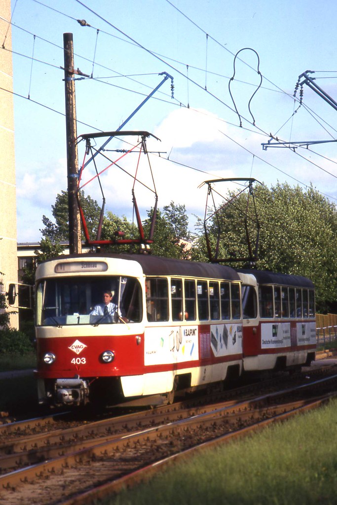 : Arthur Strobel Str.,Chemnitz, June 1993. Tatra tram pair. 403 leading.