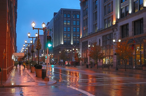 Washington Avenue, in downtown Saint Louis, Missouri, USA - at dusk in the rain