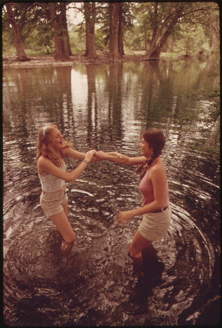 Teenage Girls Wading the Frio Canyon River near Leakey Texas, 