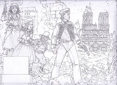 Steampunk Heroes - A group of steampunk heroes make their way through the ruins of Paris. A curiously altered Notre Dame stands in the background. This is the standard of finish for all roughs I present to my clients.