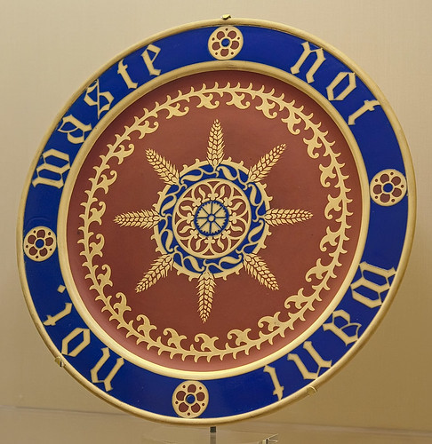 Earthenware bread plate with inscription "Waste not want not.", by A.W.N. Pugin, made by Minton Factory, English, ca. 1850, at the Saint Louis Art Museum, in Saint Louis, Missouri, USA