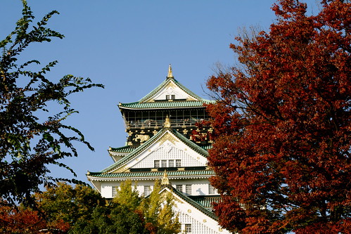 Osaka Castle through the changing leaves