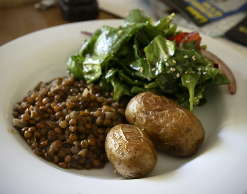 Dinner: Lentils and Potatoes with Spinach and Strawberry Salad