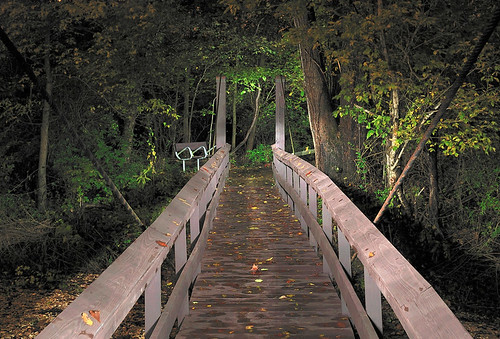 Forest 44 Conservation Area, near Valley Park, Missouri, USA - night view of bridge, lit with multiple flashes