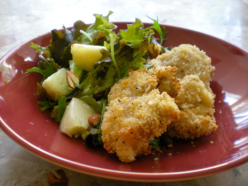 baked chicken nuggets and peach salad