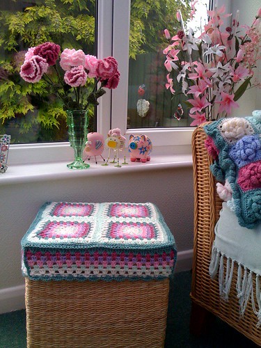 Crocheted Carnations and Wool Box.