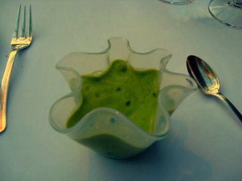 Midsummer House, Cambridge, UK - Sweetpea Veloute with (unseen) tiger shrimp