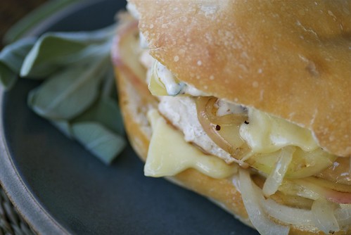 turkey burger with apples, Gruyere, and sage mayo