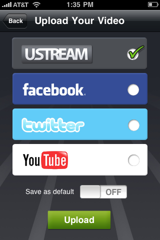 Ustream Recorder for iPhone Publishing Options