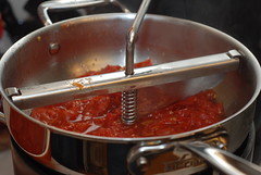 canning tomato sauce - separating out seeds and skins with the food mill