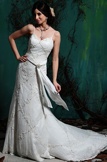 Fusion beads, imitation diamonds, and lace in a wedding dress.