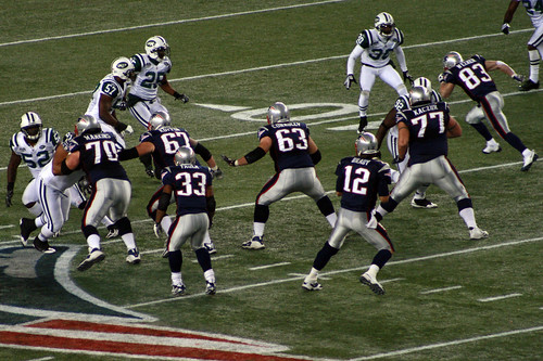 Welker breaks from the line of scrimmage (far right)