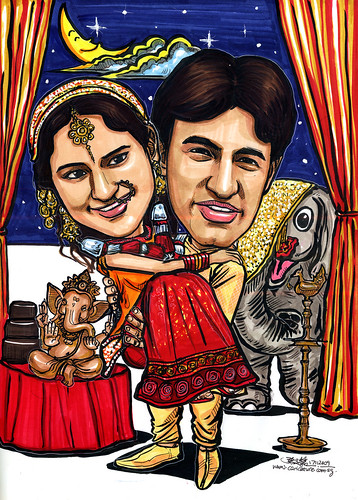 Traditional Indian wedding couple caricatures A4