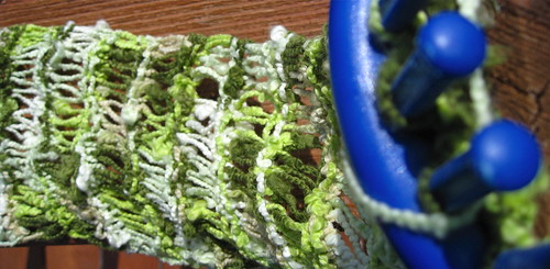 Green drop-stitch scarf WIP