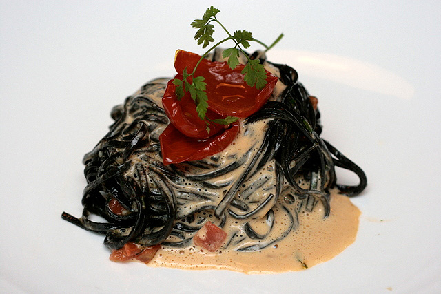 Homemade Squid Ink Taglionlini with Sea Urchin Sabayon and Semi Dried Cherry Tomatoes