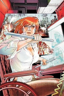 Oracle, a busty redhead, sits in her wheelchair at her desk, brandishing some dangerous-looking metal bars with a don't-mess-with-me expression on her face