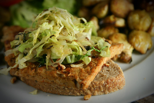 Tempeh Burger with Sauteed Cabbage and Caraway Seeds