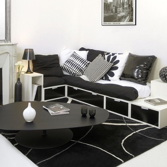 Shades of black and white for the living room with minimalist design.