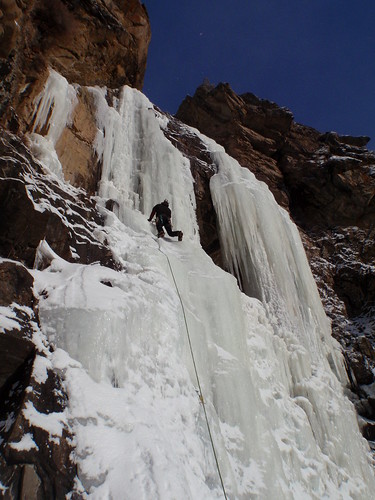 Ryan Malarky scoping out the crux on the RMNP classic Jaws Falls. Unfortunately thin conditions, warm temps, and running ice had us back off this South-facing line.
