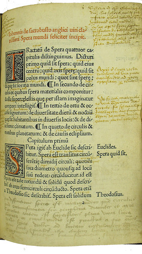 Incipit, woodcut initials, marginal and interlinear annotations in Johannes de Sacro Bosco: Sphaera mundi