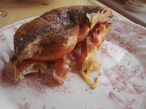 Bacon, egg white, cheese and tomato flagel sandwich from Terrace Bagels