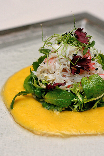 Jumbo Crab Salad with Sweet Pea & Wild Rucola Sprouts and Cantaloupe Sauce