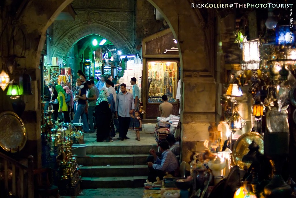 Families browse at night in the Khan el-Khalili market in old Cairo, Egypt.