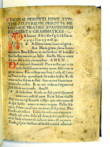 Incipit and manuscript initials, capital strokes and paragraph marks in Perottus, Nicolaus: Rudimenta grammatices