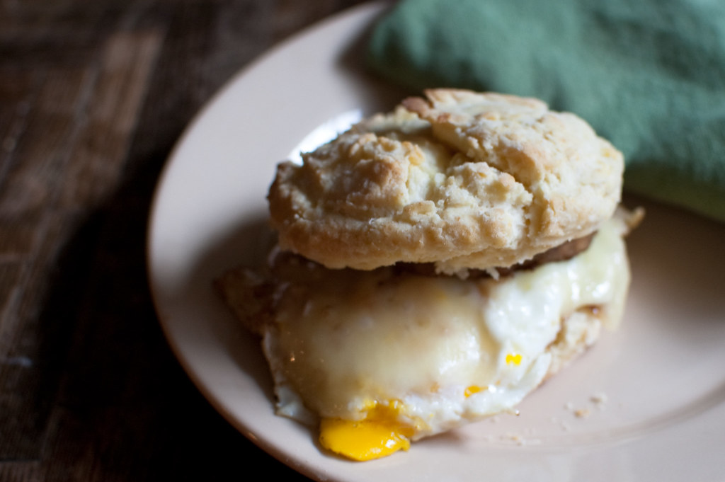 Egg, veggie sausage, and cheese on a biscuit