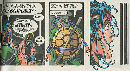 Genesis West Comics:: "THE TEENAGE MUTANT NINJA TURTLES VISIT THE LAST OF THE VIKING HEROES" - Summer Special Limited Edition   No. 866 of 1750 // Special 3 .. Donatello hugs Tomgar the Warrior (( 1992 ))