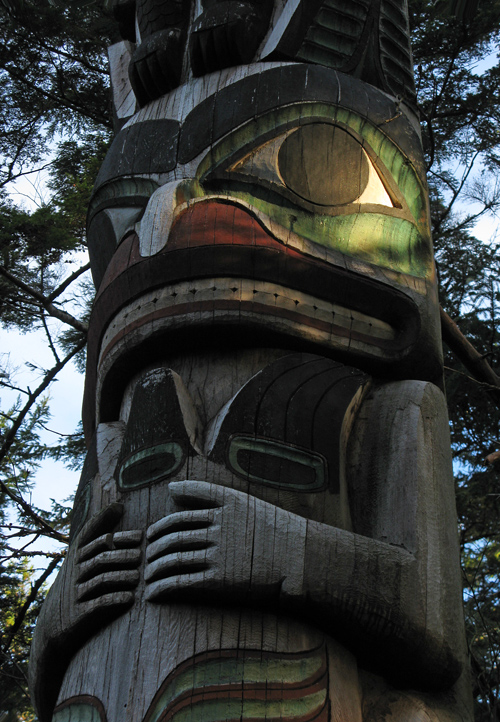 late afternoon light on a totem, Kasaan Totem Park, Kasaan, Alaska