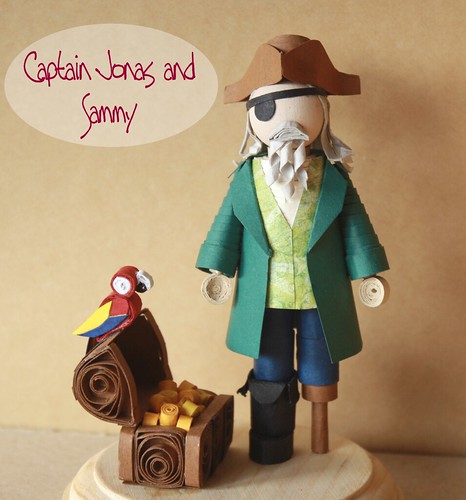 - captain jonas the pirate and sammy the parrot minifolk quilled sculpture figurine -