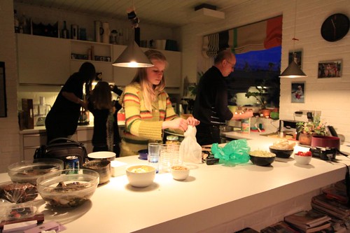 Aase, Anne, Marie, Line, and Sven preparing a lovely dinner in Graasten, Denmark.