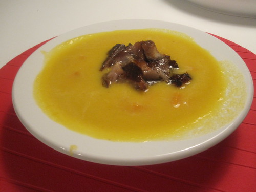 Pumpkin soup with sweet potato and pork belly