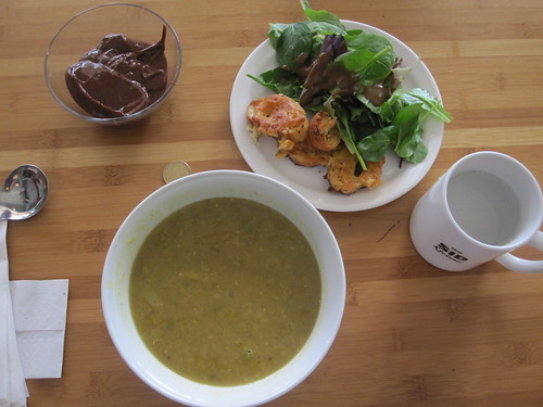 Spicy beef and lentil soup, salad, garlic bread, chocolate pudding from the bistro - $6