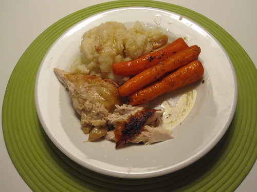 Roast chicken with mashed potatoes and roasted carrots at home