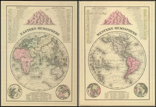 East and West Hemispheres - globe maps and comparative mountains + river schematics