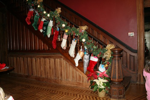 a staircase full of stockings