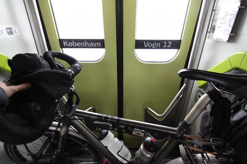 The 20 km train ride across the Great Strait Bridge (StorebÃ¦ltsbroen) - no cyclists - between Nyborg and KorsÃ¸r, Denmark.