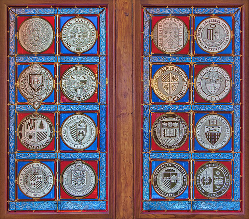 Pere Marquette Gallery of the Saint Louis University Museum of Art, in Saint Louis, Missouri, USA - stained glass windows of Jesuit University logos