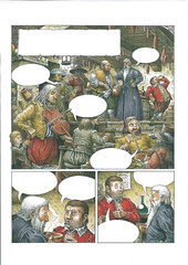 Comic book Sample - A sample for the first page of a comic book about Don Quixote. The story starts when a man comes into an inn, looking for Sancho Panz who is drinking at the bar.