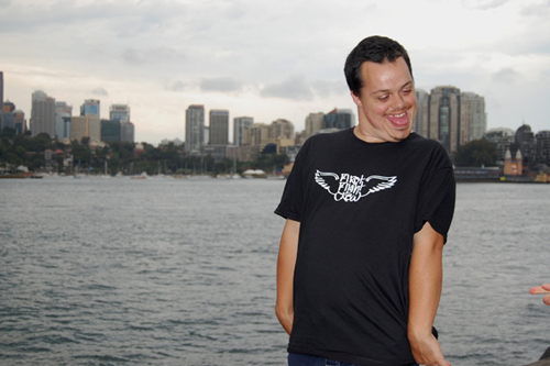 Mark Bekir in a First Flight Crew T-shirt
