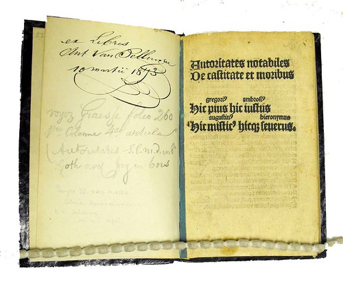 Ownership inscription and title-page from Auctoritates notabiles de castitate et moribus