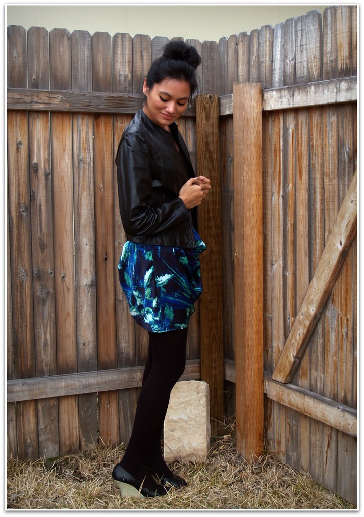 skirt + leather coat