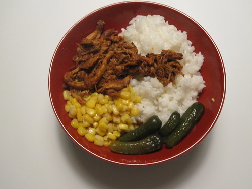 Pulled pork, rice, pickles, corn