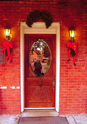 Avalon Hall's Front Door at Christmas
