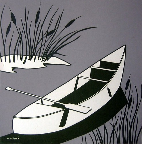 Marushka silkscreen print - canoe and oar (white, gray, black)
