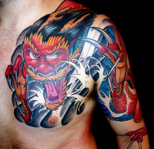 arm and sholder tattoos red oriental half sleeve piece